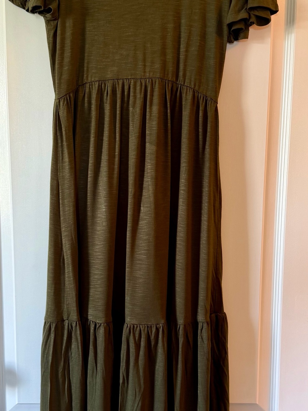 Olive Green Midi Dress with Ruffle Sleeve